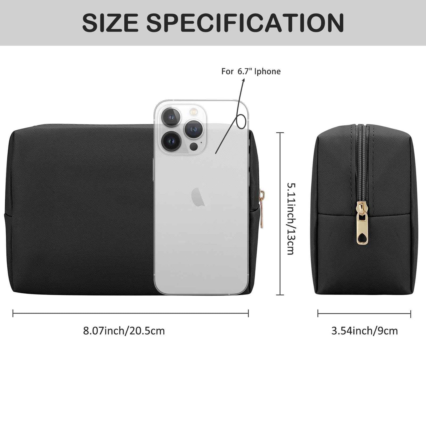 DOB SECHS PU Leather Cosmetic Bag Portable Toiletry Bag for Daily Use Cosmetic Organizer Water-resistant Make up Organizer Light Weight Travel Makeup Bag Cosmetic Pouch (Black, L)