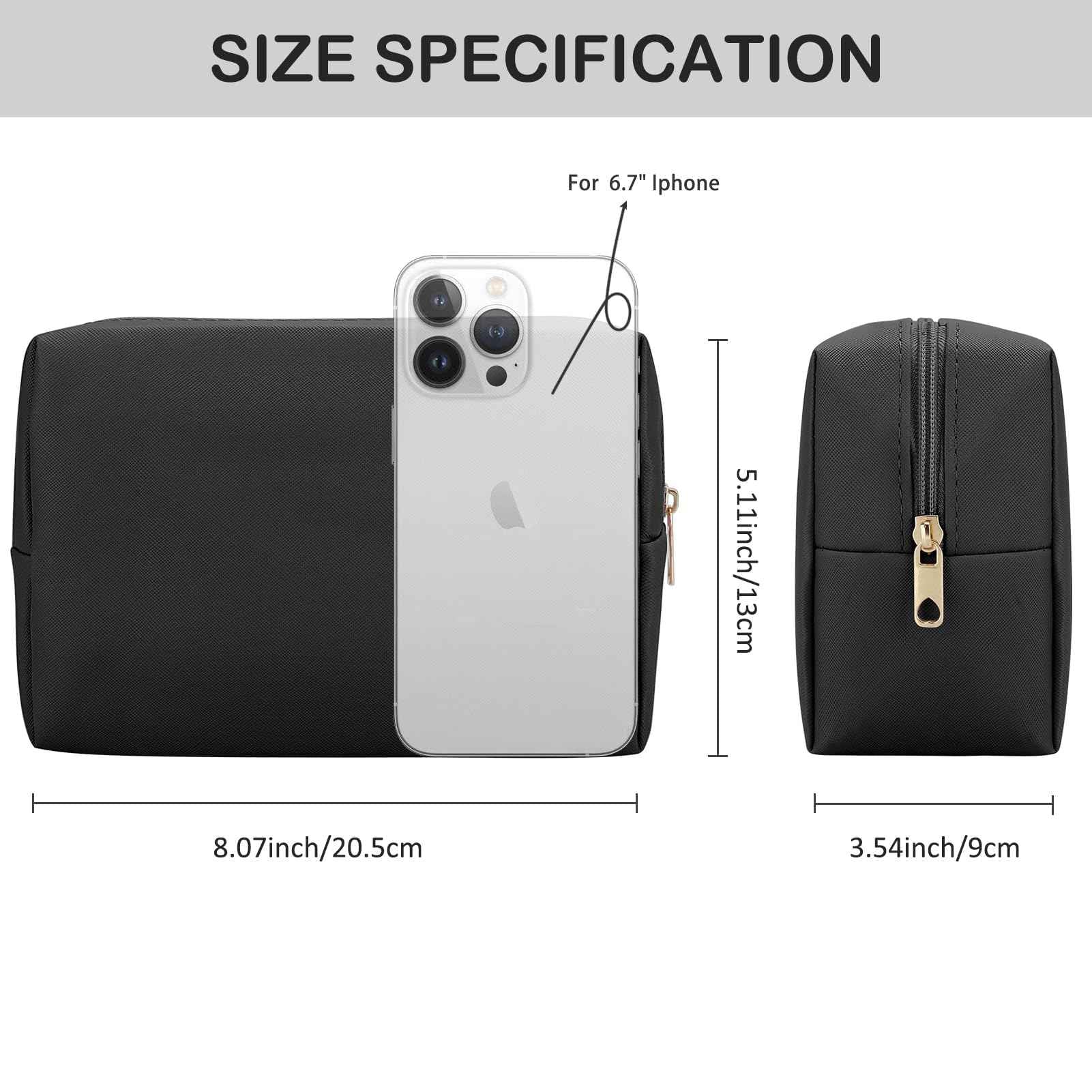 DOB SECHS PU Leather Cosmetic Bag Portable Toiletry Bag for Daily Use Cosmetic Organizer Water-resistant Make up Organizer Light Weight Travel Makeup Bag Cosmetic Pouch (Black, L)