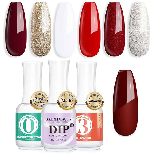 AZUREBEAUTY Dip Powder Nail Set, Red Burgundy Rose Berry Sparkle Milky Snow White Silver Glitter, 6 Colors Bundle with 3 Pcs Dip Powder Liquid Set, Base & Top Coat with Activator & Matte Coat