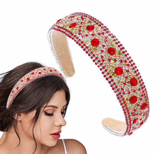 Coxiva Red Rhinestone Padded Headbands Glitter Crystal Hairband Baroque Hair Hoops Accessories Parties Headpiece for Women