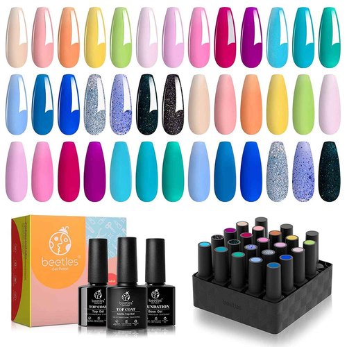 Beetles Gel Polish 5 in 1 Nail Glue and Base Gel Kit for Acrylic Nails and Gel Polish Nail Set 20 Colors Fantasyland Collection Pastel Bright Pink Purple Navy Blue Green Glitter Led Soak Off