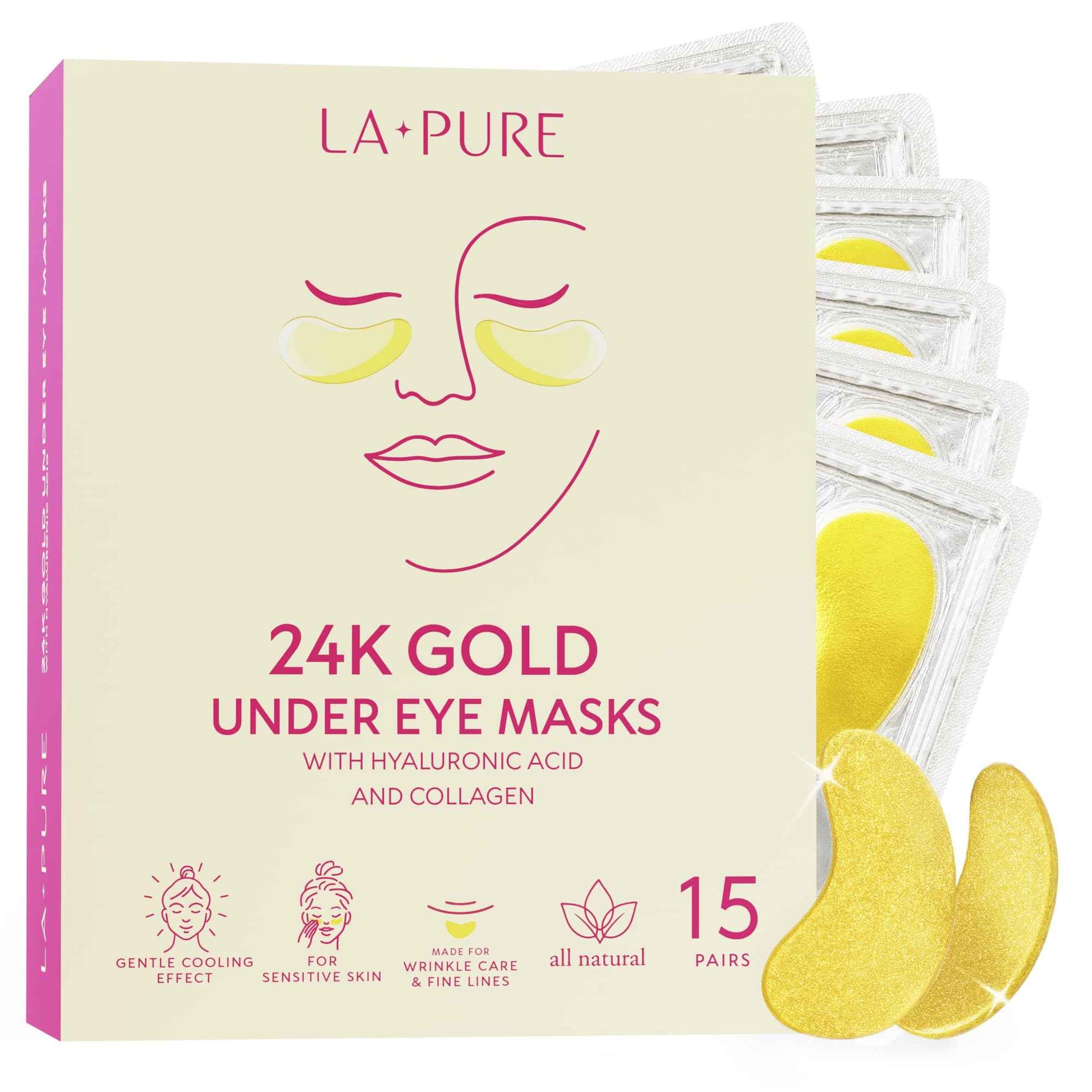 LA PURE 24k Gold Under Eye Mask for Dark Circles and Puffiness, Revitalizing & Non-Irritating Anti Aging Eye Patches with Hyaluronic Acid & Collagen - Dermatologically Tested - 15 Pairs Eye Gel Pads