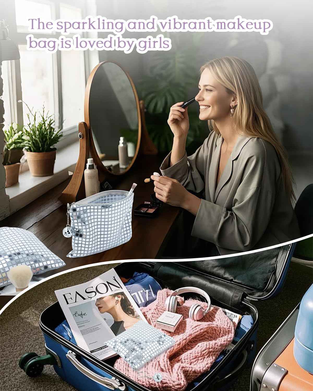 RGBDOT 12 Pack Disco Ball Makeup Bag - Disco Party Decorations and Favors, Sequin Mirror Cosmetic Bag for Women