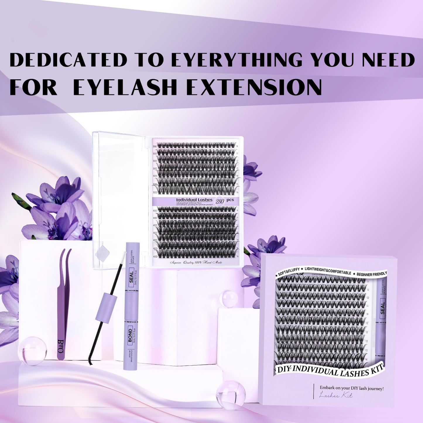 DIY Lash Extension Kit 280pcs Individual Lashes Cluster D Curl Eyelash Extension Kit Lash Clusters with Lash Bond and Seal and Lash Applicator Tool for Self Application (KIT,30D-D-9-16MIX)