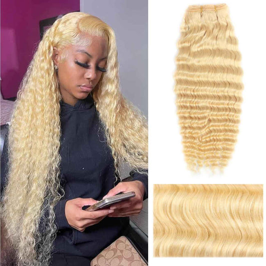 12A 613 Blonde Deep Wave Human Hair Bundles 18Inch 100% Unprocessed Brazilian Virgin Hair Extensions, Soft Double Weft Weave Curly Deep Wave Bundles Human Hair for Women (18inch)