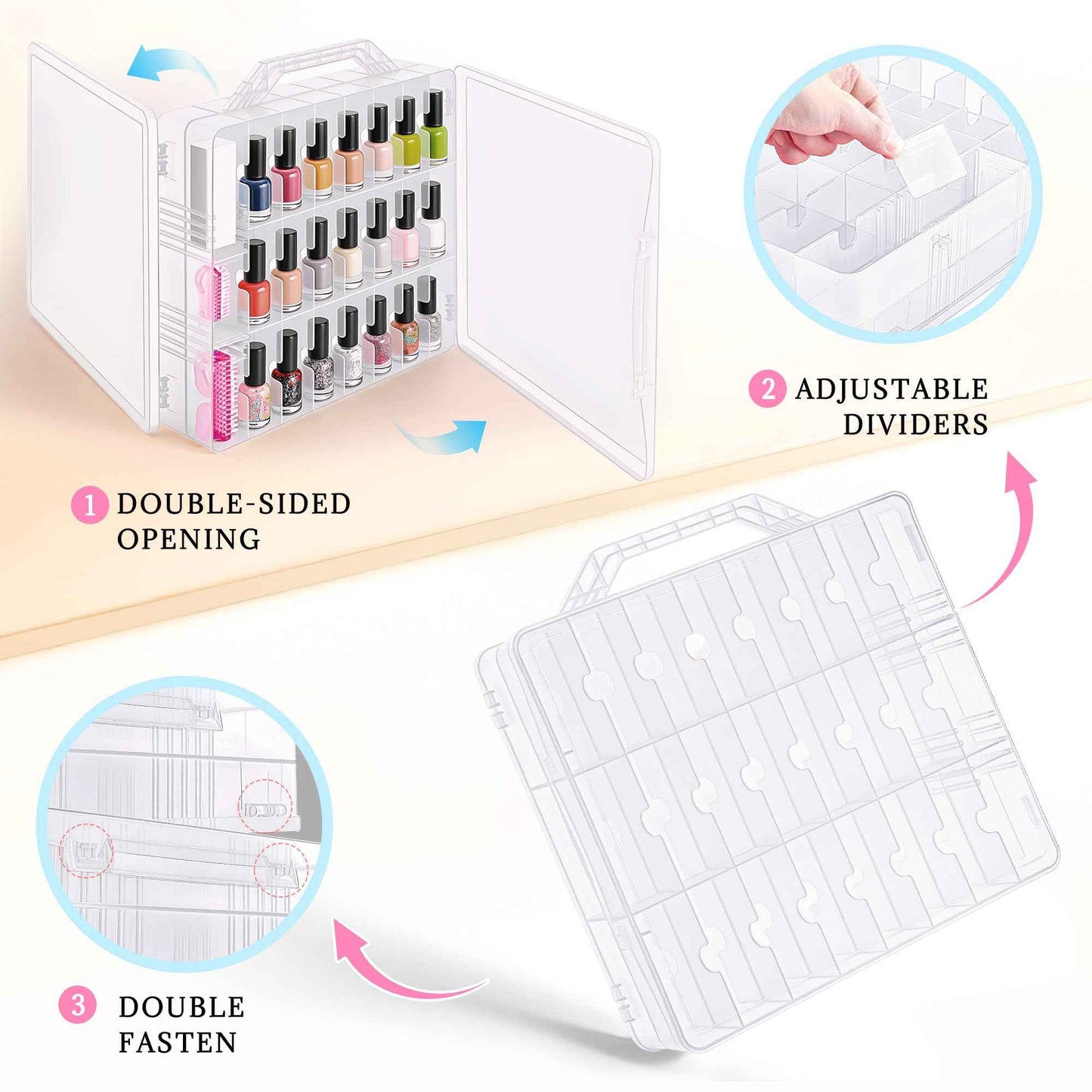 DreamGenius Nail Polish Organizer Case for 48 Bottles with 2 Nail Separators, Double Side Gel Nail Polish Holder with Adjustable Dividers, Clear