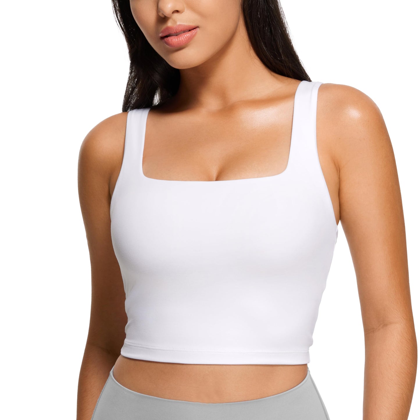 CRZ YOGA Butterluxe Womens Square Neck Longline Sports Bra - Workout Crop Tank Tops Padded with Built in Shelf Yoga Bra White XX-Small