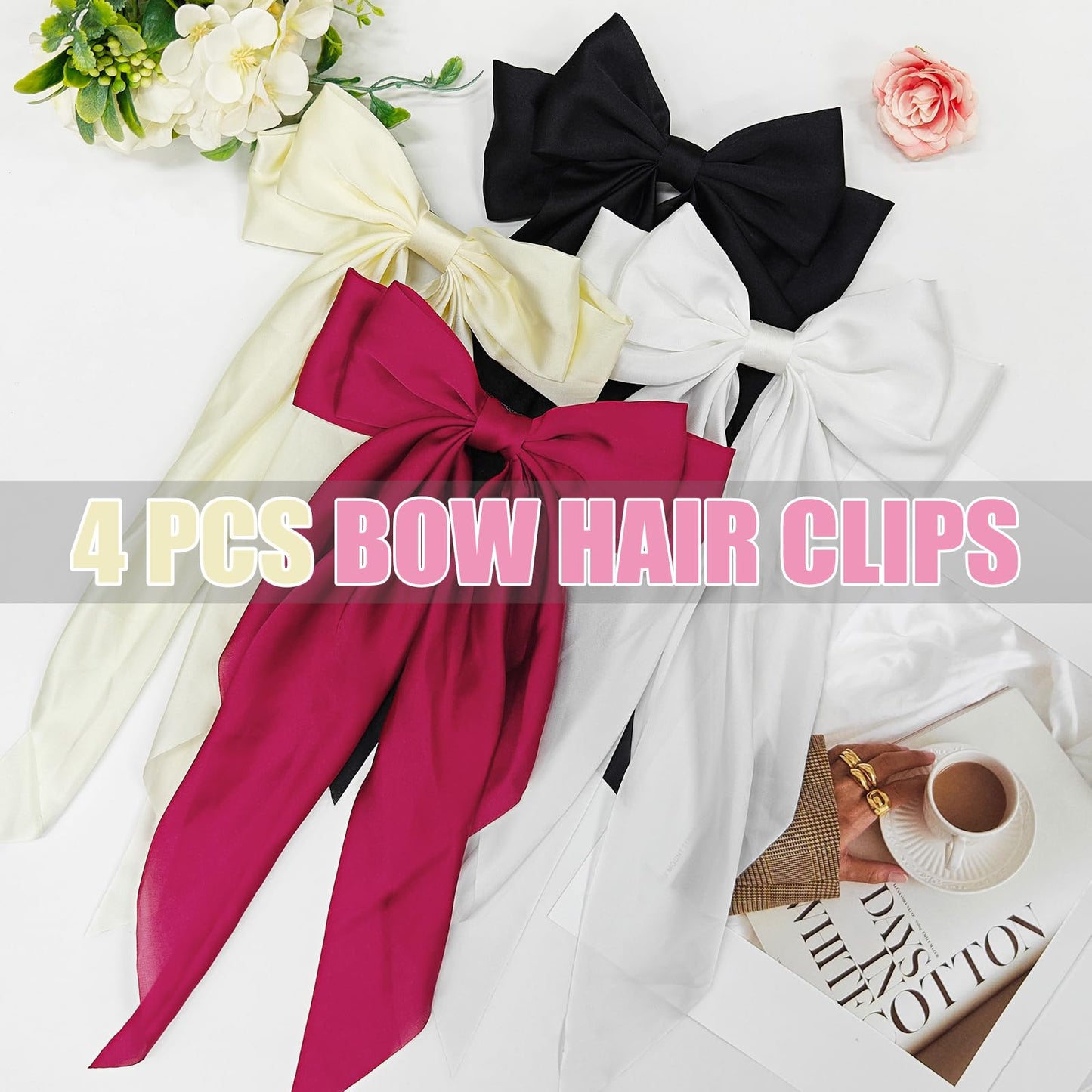 LSxia 4PCS Hair Bows for Women, [Black & White & Beige White & Wine Red] Hair Bows for Hair, Big Silky Satin Hair Bow Hair Ribbons, Bow Hair Clips Bow Clips for Women, Cute Hair Accessories (Set G)