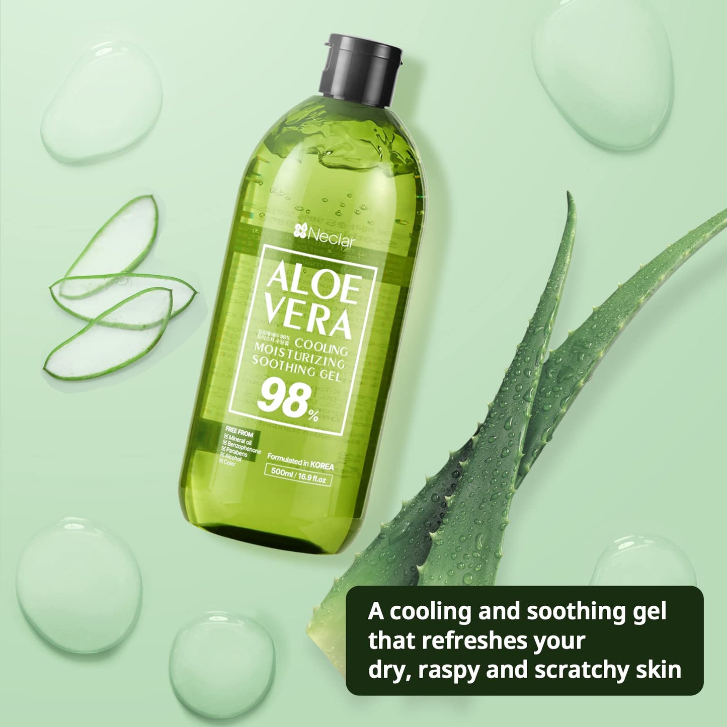 Neclar - 98% Aloe Vera Gel - Aloe Vera Soothing gel - 16.9 Fl oz - Aloe Vera Gel sunburn relief - Pure Aloe Vera Gel for face - Aloevera gel