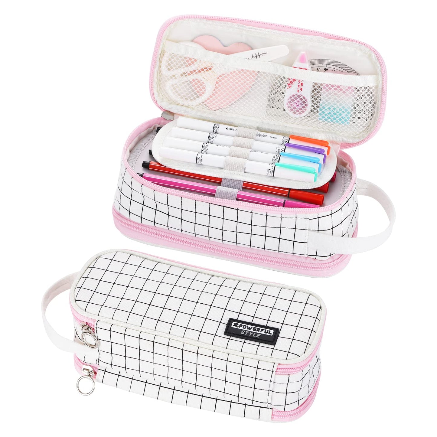 Dugio Large Pencil Case Zipper Pencil Pouch for Girls Boys Adults Kids Aesthetic Pencil Bag Organizer Big Capacity Pen Bag with Handle Portable for School Office White-plaid