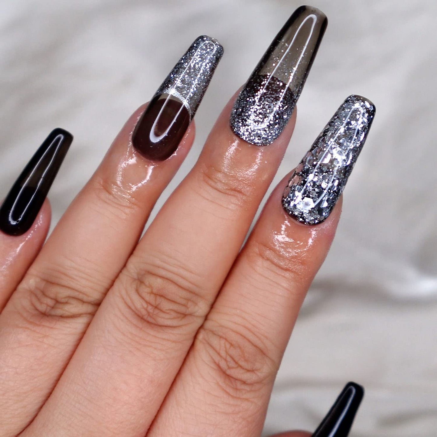 10 Pcs Handmade Press on Nails (X-Small, Hard Rock - Jelly Black with Silver French Tips and Star Dust Ombre/Long Coffin) A096XS