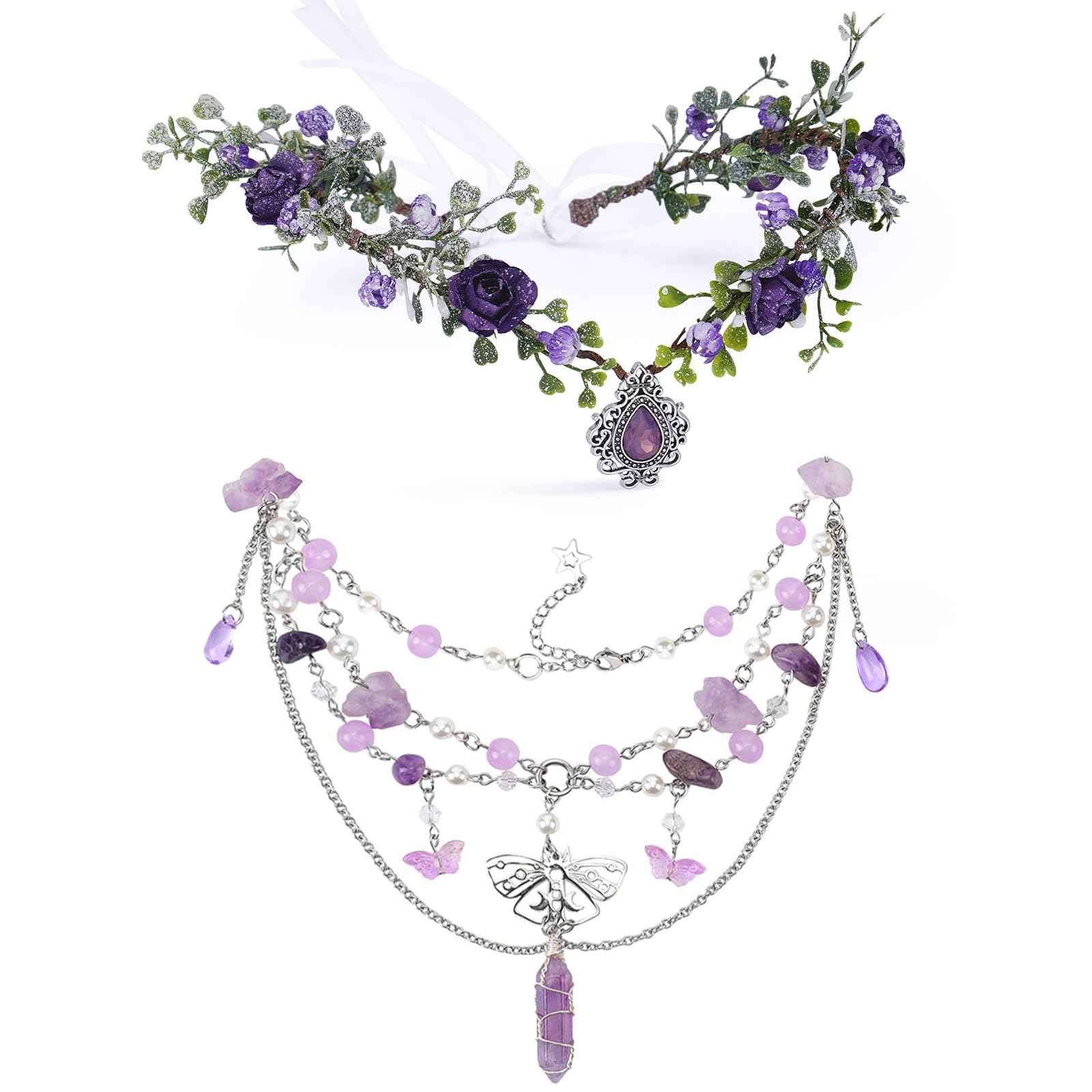 MOSTORY Purple Flower Crown and Fairy Necklace for Women Renaissance Halloween Cosplay