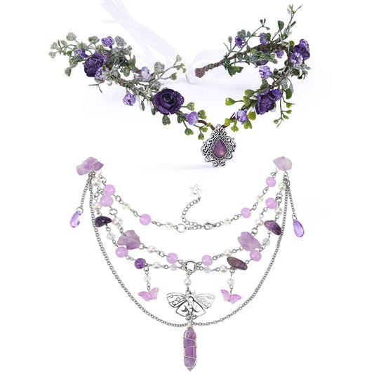 MOSTORY Purple Flower Crown and Fairy Necklace for Women Renaissance Halloween Cosplay
