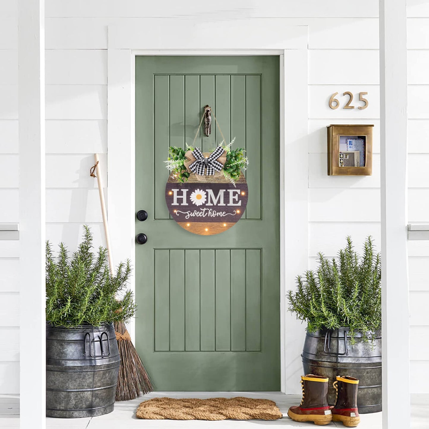 Interchangeable Seasonal Welcome Sign Front Door Decoration with 4 Seasonal Wreaths and LED Light, Rustic Round Wood Wreaths Wall Hanging Outdoor, Farmhouse Front Door Decoration Home Décor