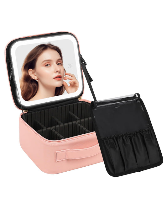 Chomeiu Makeup Bag with LED Mirror, Travel Makeup Case for Women and Makeup Artists Cosmetic Organizer Large Make Up Bags with Light Up Mirror, 3 Color Lights, Adjustable Dividers & Brush Holder, Pink