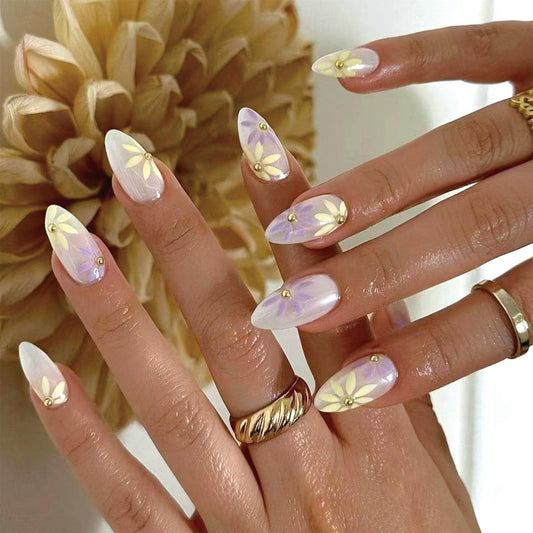 SINHOT Press on Nails Medium Almond Fake Nails Cute Flower Acrylic Nails Glossy Glue on Nails Gold Pearls Stiletto Artificial Nails Stick on False Nails with Design 24 pcs