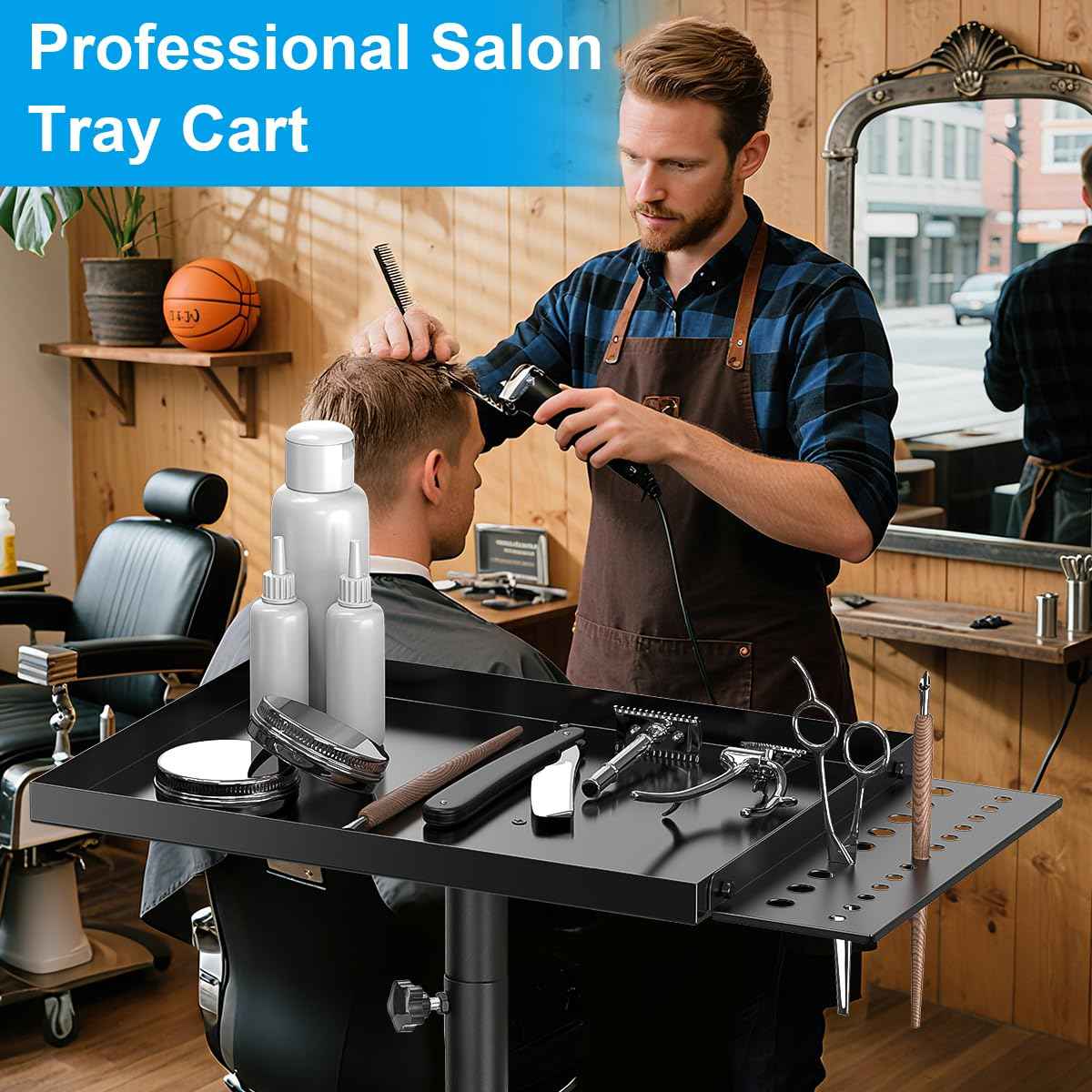 Salon Tray Cart Premium Metal Tattoo Tray, Storage Utility Cart with Tool Rack, Rolling Tray Trolley Adjustable Height, Tool Tray Cart for SPA Clinic Repair Shop