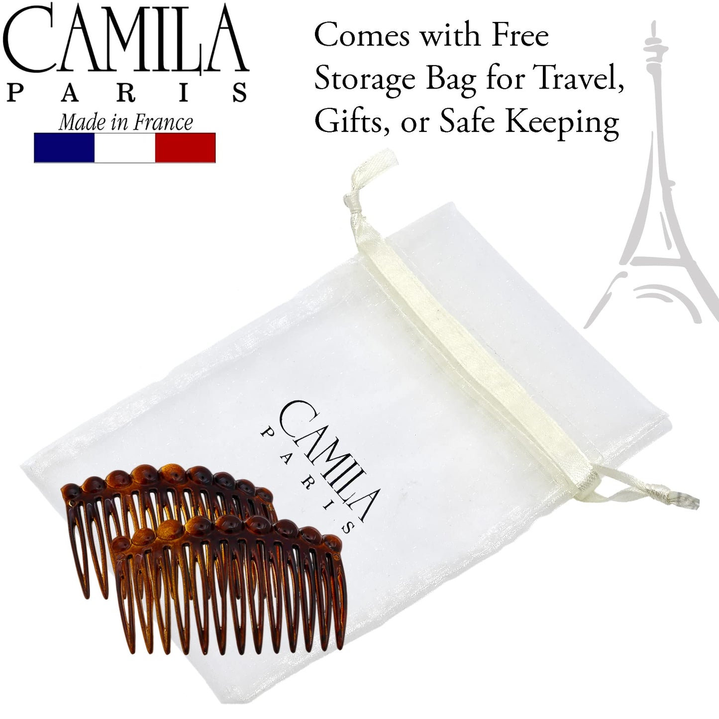 Camila Paris CP33/2 French Hair Side Comb Small Tortoise Shell French Twist Hair Combs Decorative, Strong Hold Hair Clips for Women Bun Chignon Up-Do Styling Girls Hair Accessories, Made in France