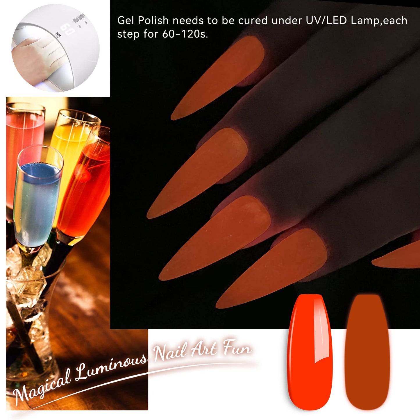 YTD Likomey Glow in the Dark Gel Nail Polish,15ml Bright Orange Luminous Glow Effect UV Nails Gel,Fluorescent Bright Manicure Salon Home DIY UV Manicure Nail Art Varnish,YG07