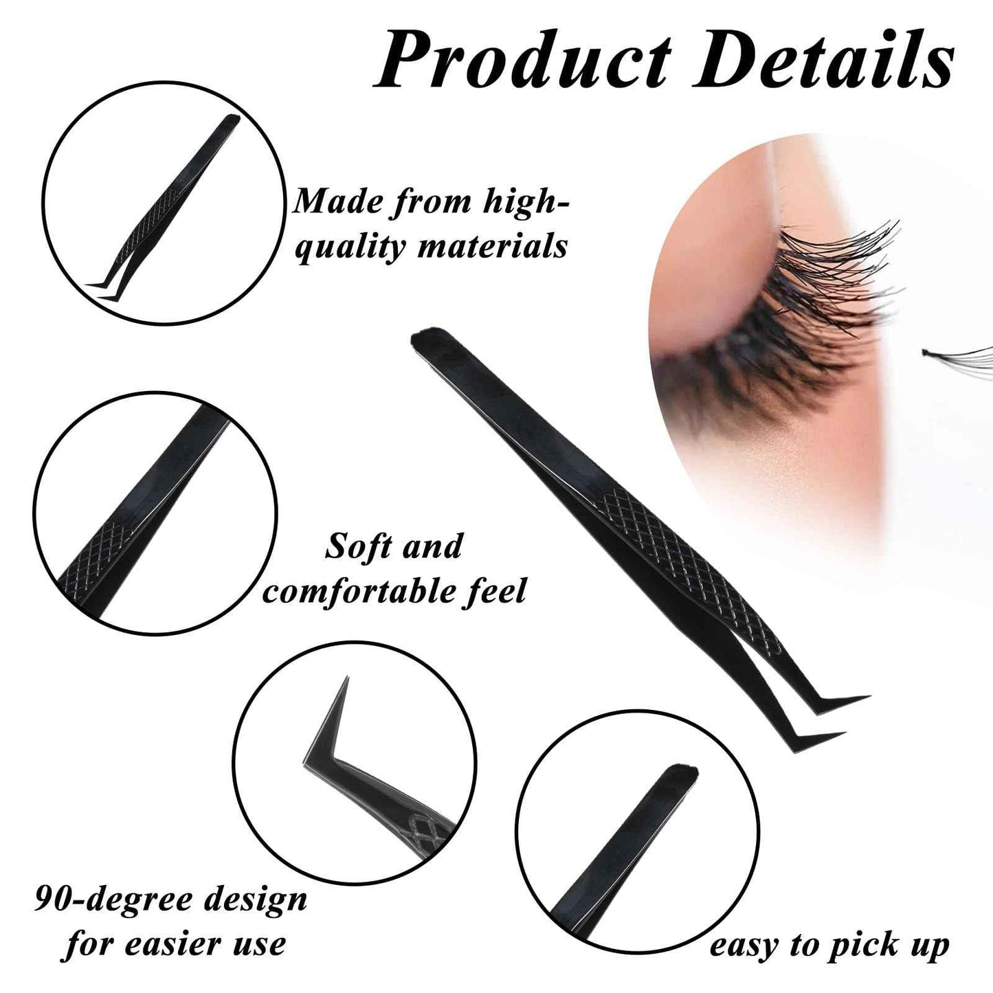 2 Pcs Stainless Steel Eyelashes Tweezer, Lash Tweezers for Eyelash Extensions, 90 Degree Fiber Tip Volume Lash Extension Tweezers for Volume and Classic Lashes