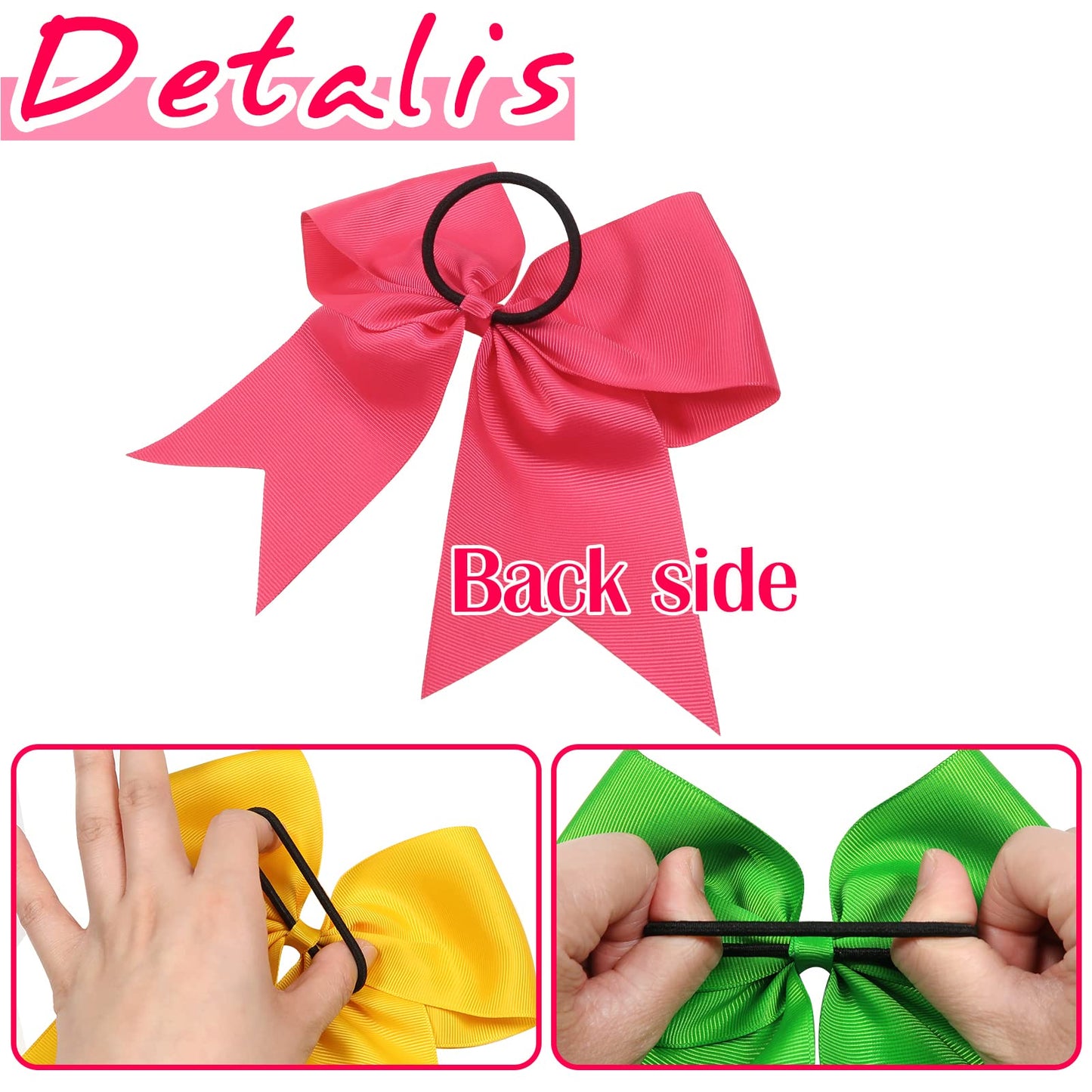 TUUXI 4pcs 8" Large Cheer Bows for Cheerleading Cheerleader Bows Elastics Hair Ties Bands Grosgrain Ribbon Ponytail Holder Team Baseball Softball Tennis White Pink Yellow Green