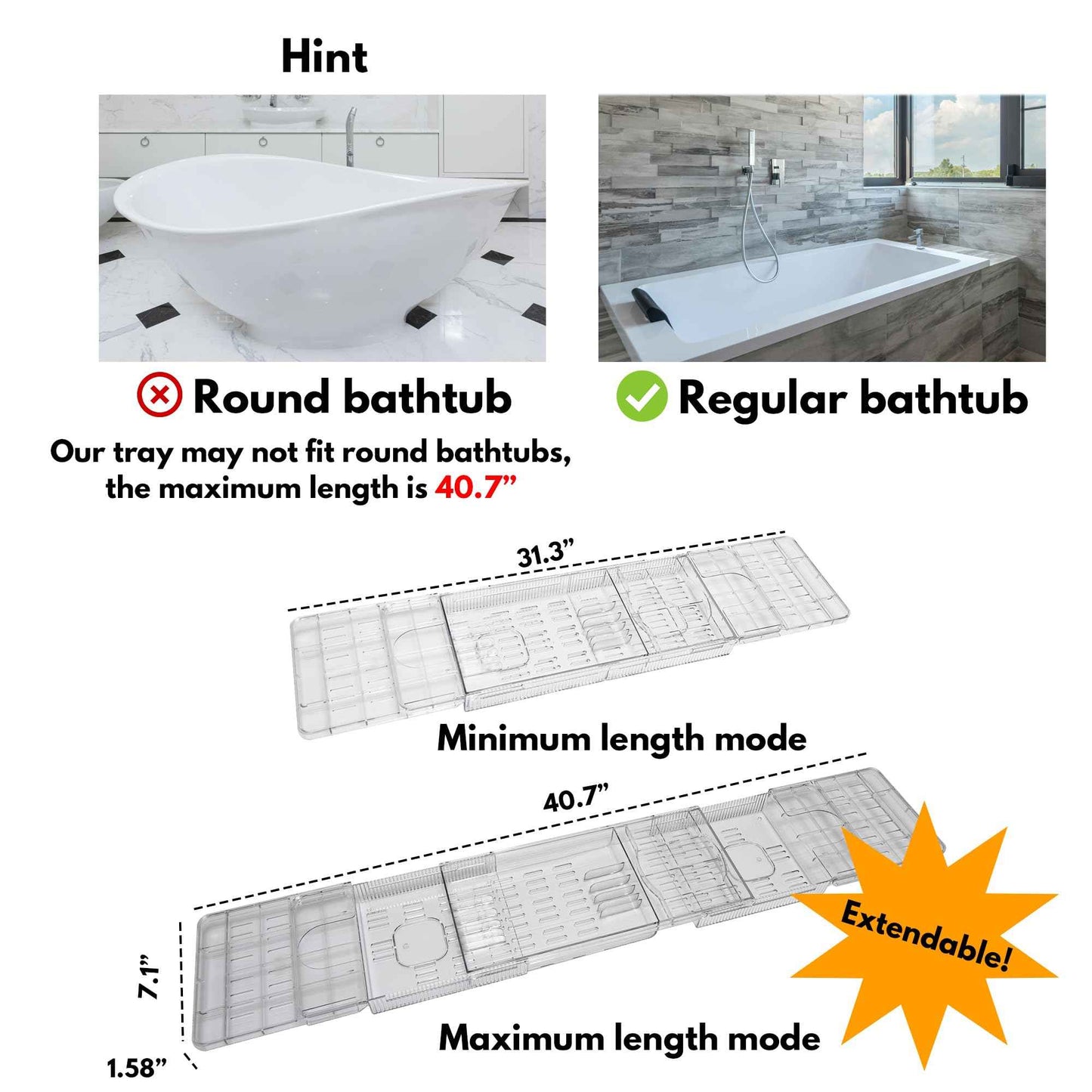 TAIKONLAB (Extended Edition) Expandable Bathtub Tray for Tub, Clear & Easy Maintenance Acrylic Bath Organizer for Relaxing Spa, Bath Tub Caddy Tray Fits Most Bathtubs and Bathroom Décor Style