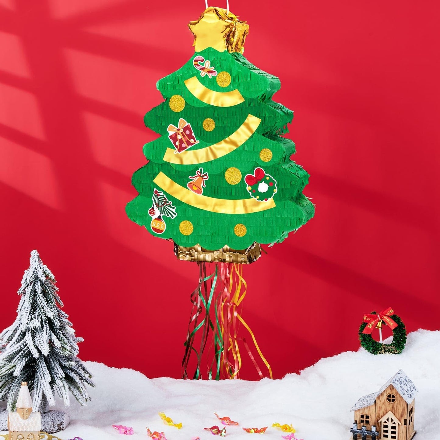 WERNNSAI Christmas Tree Piñata - Christmas Pull String Piñata for Kids Christmas Tree Piñata with Blindfold and Bat for Xmas Christmas Bday Party Supplies Christmas Games Christmas Gifts 16.5” x 12.4”