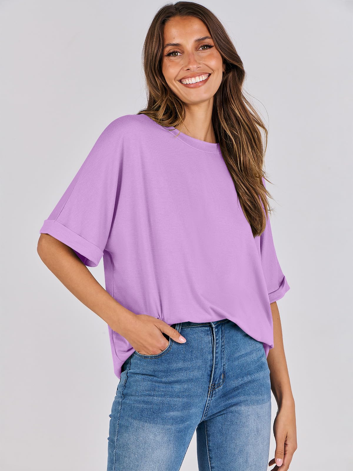 ANRABESS Women's Oversized T Shirts Short Sleeve Crewneck Summer Tops Casual Loose Basic Tee Shirts 2024 Trendy Clothes Lilac Small