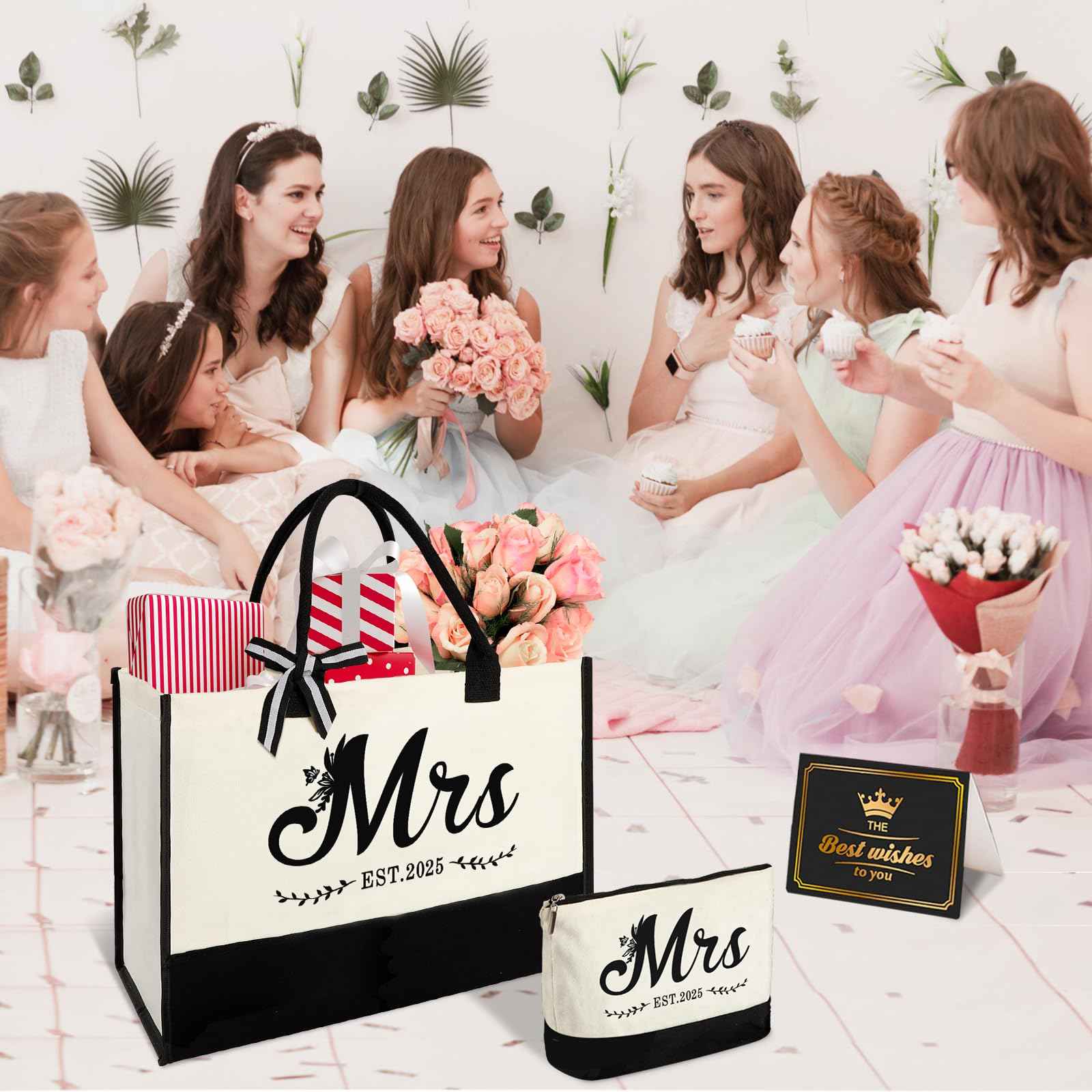 Vanqruo Mrs 2025 Bride Canvas Tote Bag with Makeup Bag, Wedding Gifts for Bridal Shower Bachelorette Party Engagement Honeymoon, Miss to Mrs, Bride to Be Gifts