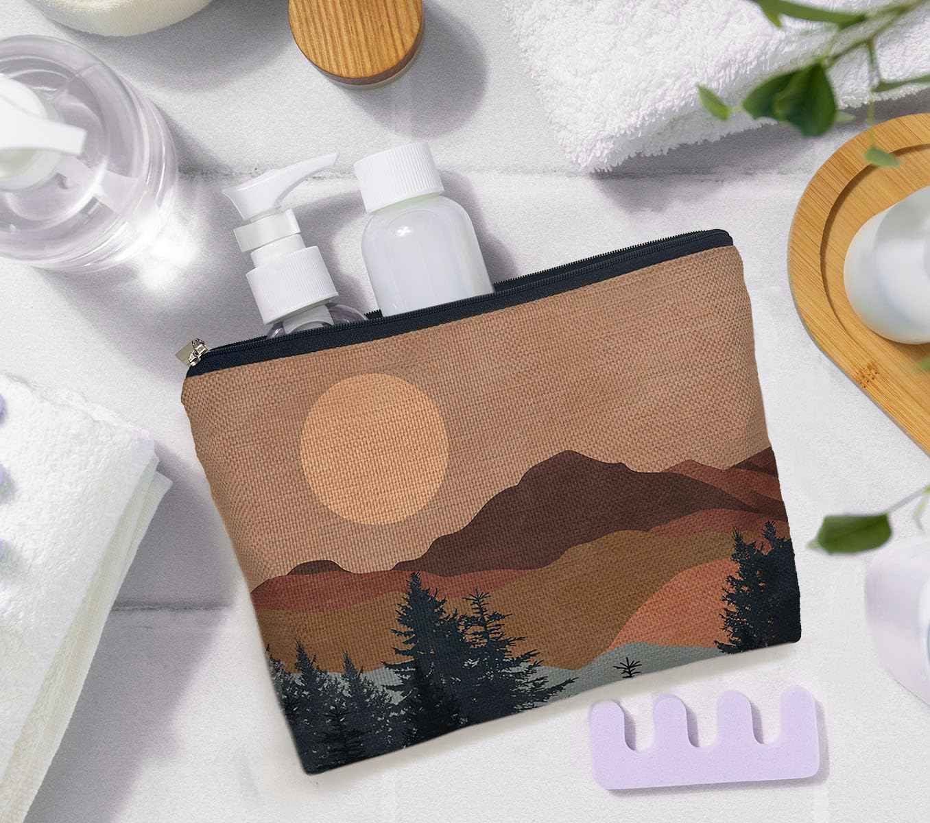 IWXYI Boho Mountain Sun forest Cosmetic Bag,Neutral Boho Mid-Century Sun Women's Makeup Make Up Bag Zipper Pouch Travel Toiletry Gifts For Women Teenage Girls Boho Lover