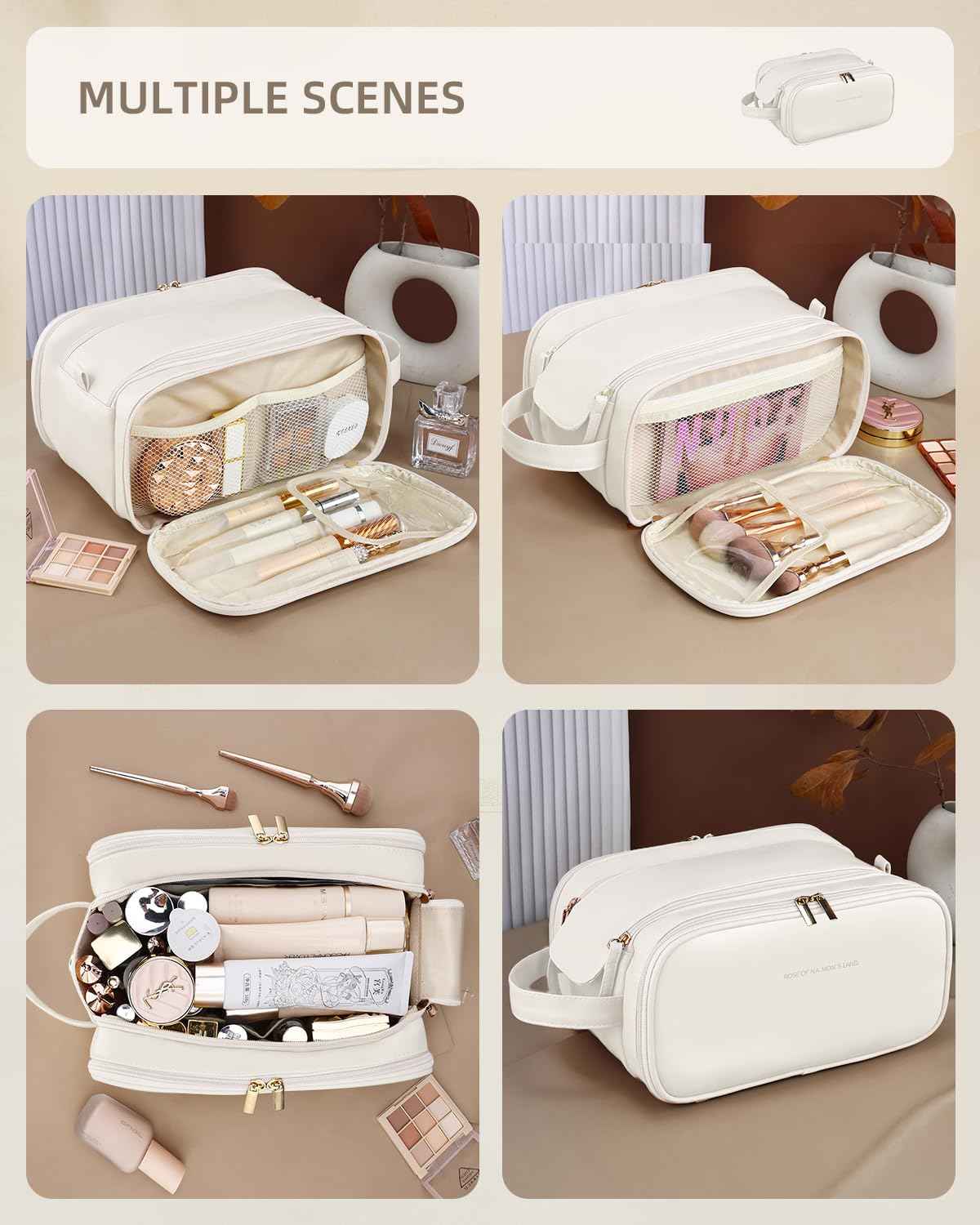 Yikisite Travel Makeup Bag - Women's Portable Travel Organizer, Waterproof Cosmetic Storage Bag, Vertical Brush Holder for Easy Access