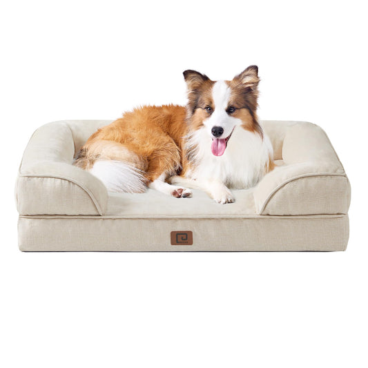 EHEYCIGA Orthopedic Dog Beds for Large Dogs, Waterproof Memory Foam Large Dog Bed with Sides, Non-Slip Bottom and Egg-Crate Foam Large Dog Couch Bed with Washable Removable Cover, Beige