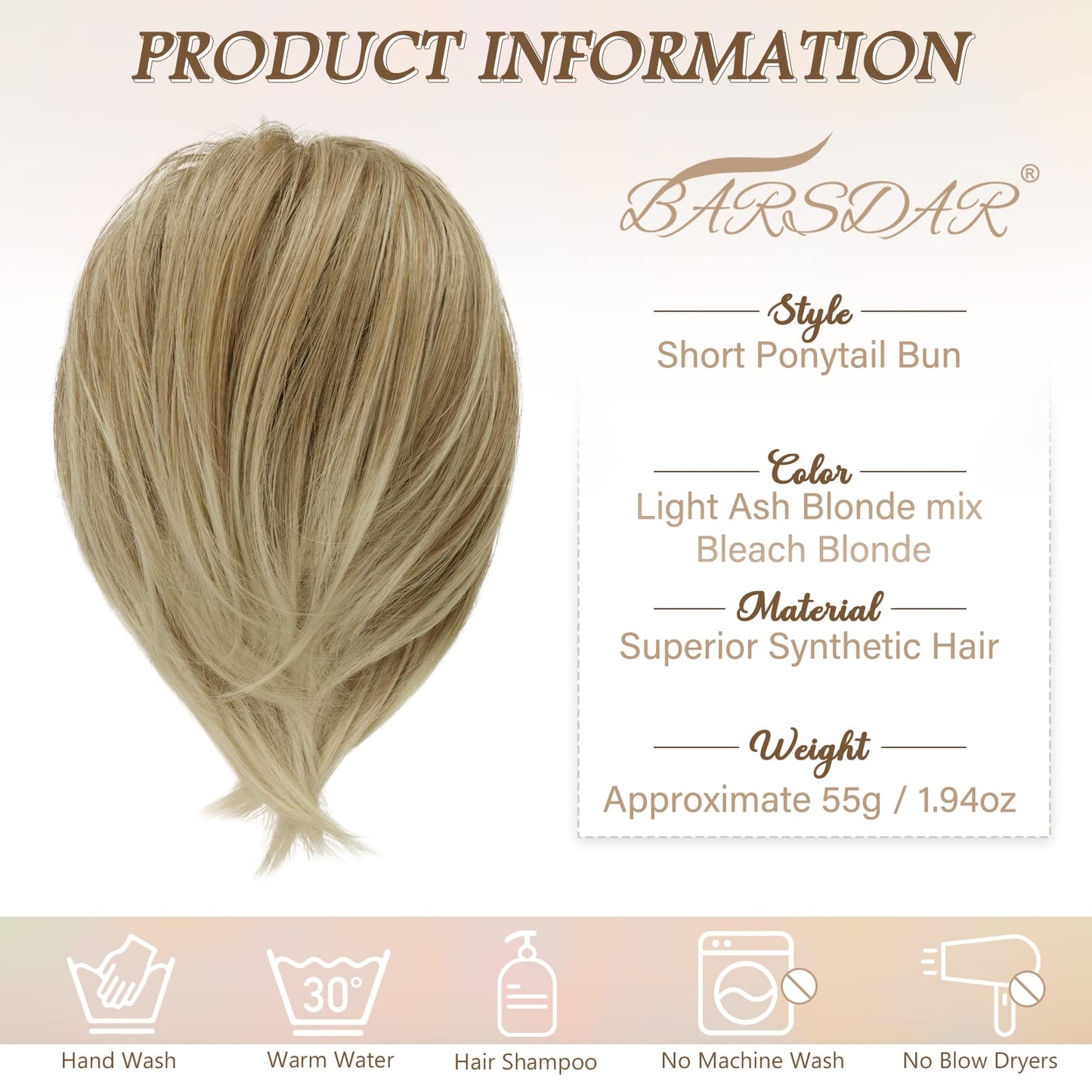 BARSDAR Hair Bun Ponytail Extension, Straight Synthetic Hairpiece Fully Short Ponytail Bun Extensions Hair Accessories Elastic Easy Scrunchie for Women (Light Ash Blonde mix Bleach Blonde)