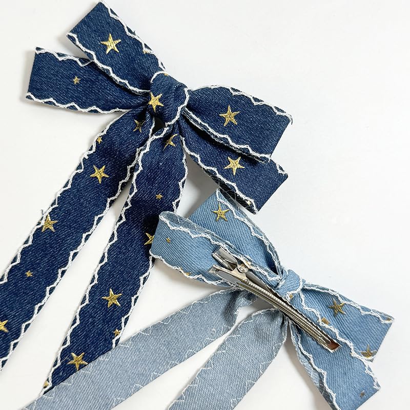 Blue Denim Hair Clip Pin Bow Girls Blue Jeans HairClip Girls Large Bows HairPin BW01 (Set J)