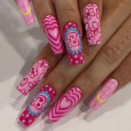 Pink Nails Press on Nails Long Coffin Fake Nails with Valentines Day Designs Heart Flower Butterfly Full Cover Acrylic Pink False Nails Square Medium Glue on Nails for Women and Girls Date Night 24Pcs