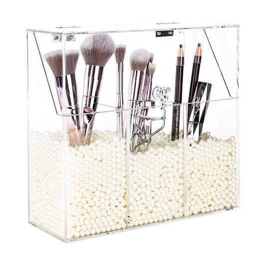 YestBuy Clear Makeup Brush Holder, Acrylic Makeup Brush Organizer For Vanity, Cosmetic Brush Storage Box with Pearls, For Bathroom, Bedroom, Vanity Countertop
