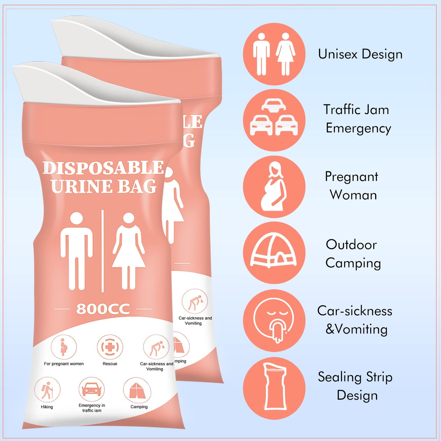 DIBBATU Disposable Urinal Bag, 24 PCS 800ML Emergency Urine Bag, Unisex Urinal Bag, Portable Camping Pee Bag, Travel Urine Bags Vomit Bag for Traffic Jams, Camping, Hiking, Pregnant, Patient, Kids