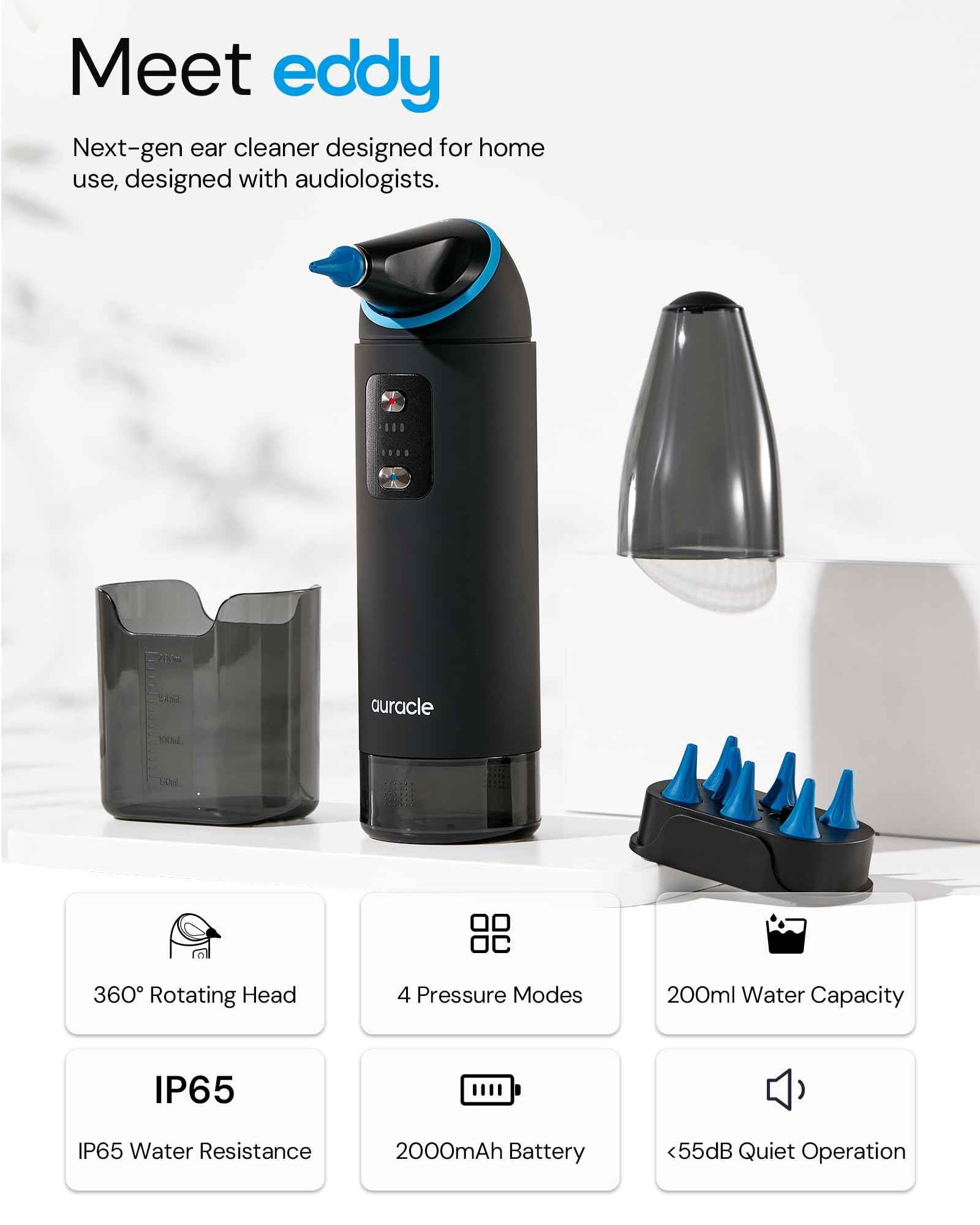 Auracle Ear Wax Removal - Eddy Ear Cleaner, Ear Cleaning Kit With 4 Water Pressure Modes, Safe and Effective Ear Wax Cleaner w/ 8 Irrigation Tips, Electric Ear Irrigator, 55dB Quite, IP65 Shower Ready