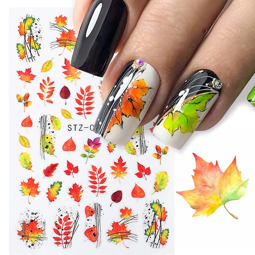 Autumn & Halloween Nail Stickers, 9 Sheets Skull Nail Decals 3D Self-Adhesive Fall Leaves Pumpkin Bat Ghost Spider Web Skeleton Pattern Nail Art Design for Thanksgiving Halloween Party