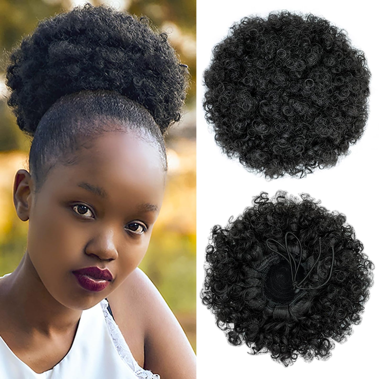 QTHQTFL Large Afro Puff Ponytail, Short Synthetic Afro Puff Ponytail for Natural Hair Extensions for Black Women(Natural Black 1B#)