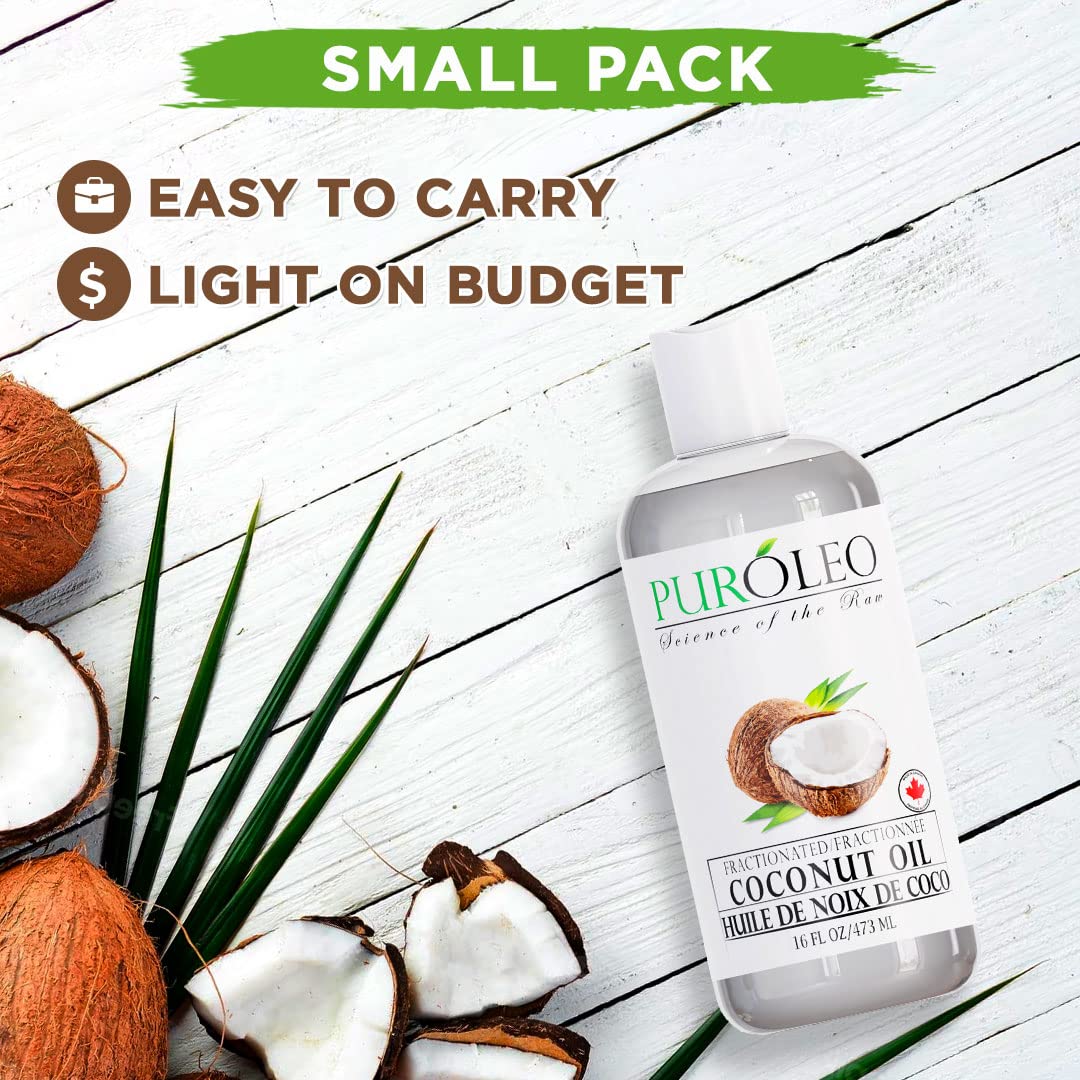 PUROLEO Fractionated Coconut Oil 16 Fl Oz/473 ML (Packed in Canada) 100% Natural and odorless Moisturizer & Carrier Oil l Hair Skin Body, Aromatherapy, Massage, Makeup Remover