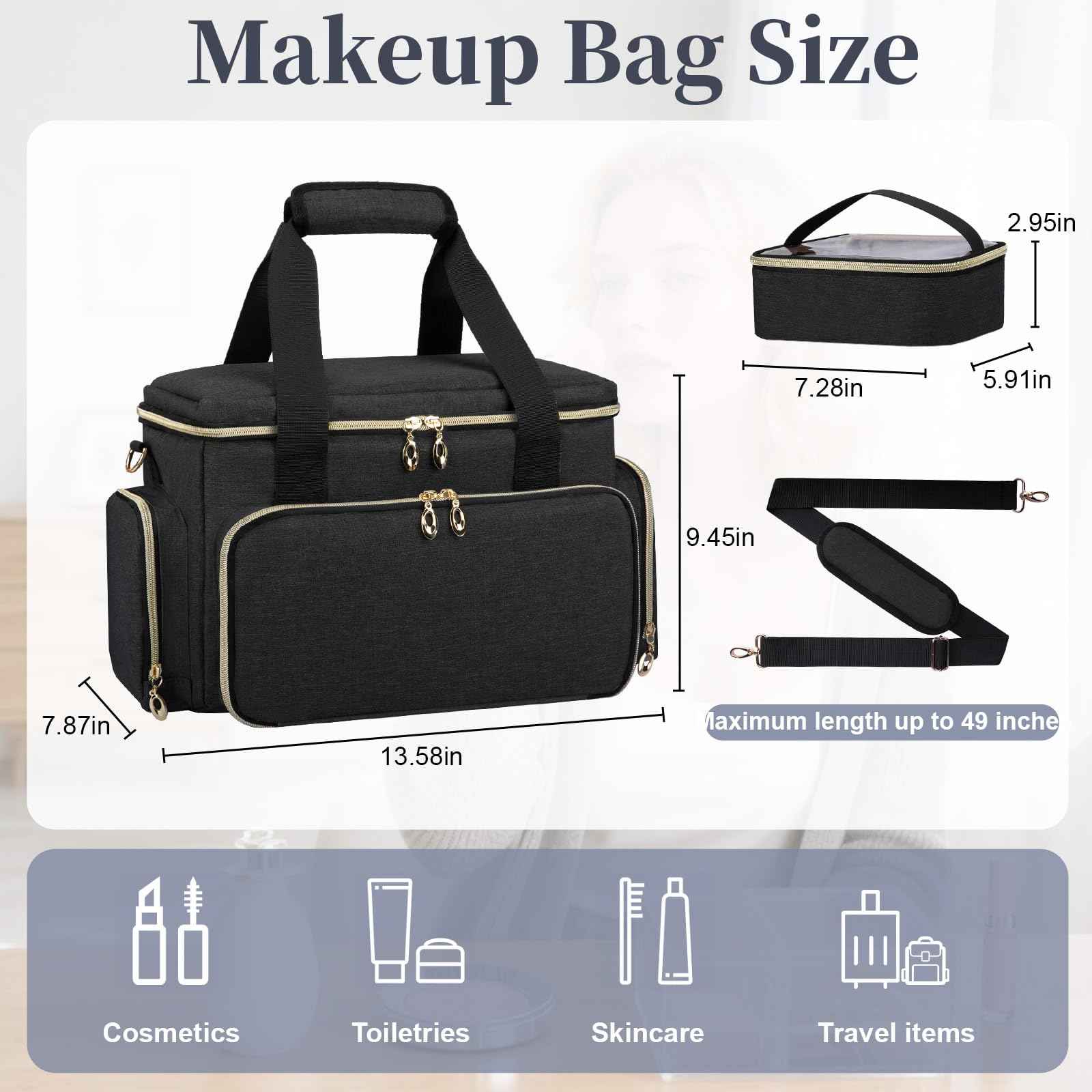 Large Makeup Bag, Portable Travel Makeup Bag Organizer for Women Girls with 2 Removable Pouches & Detachable Dividers, Cosmetic Travel Bag, Toiletry Bag for Makeup and Hair Supplies Black