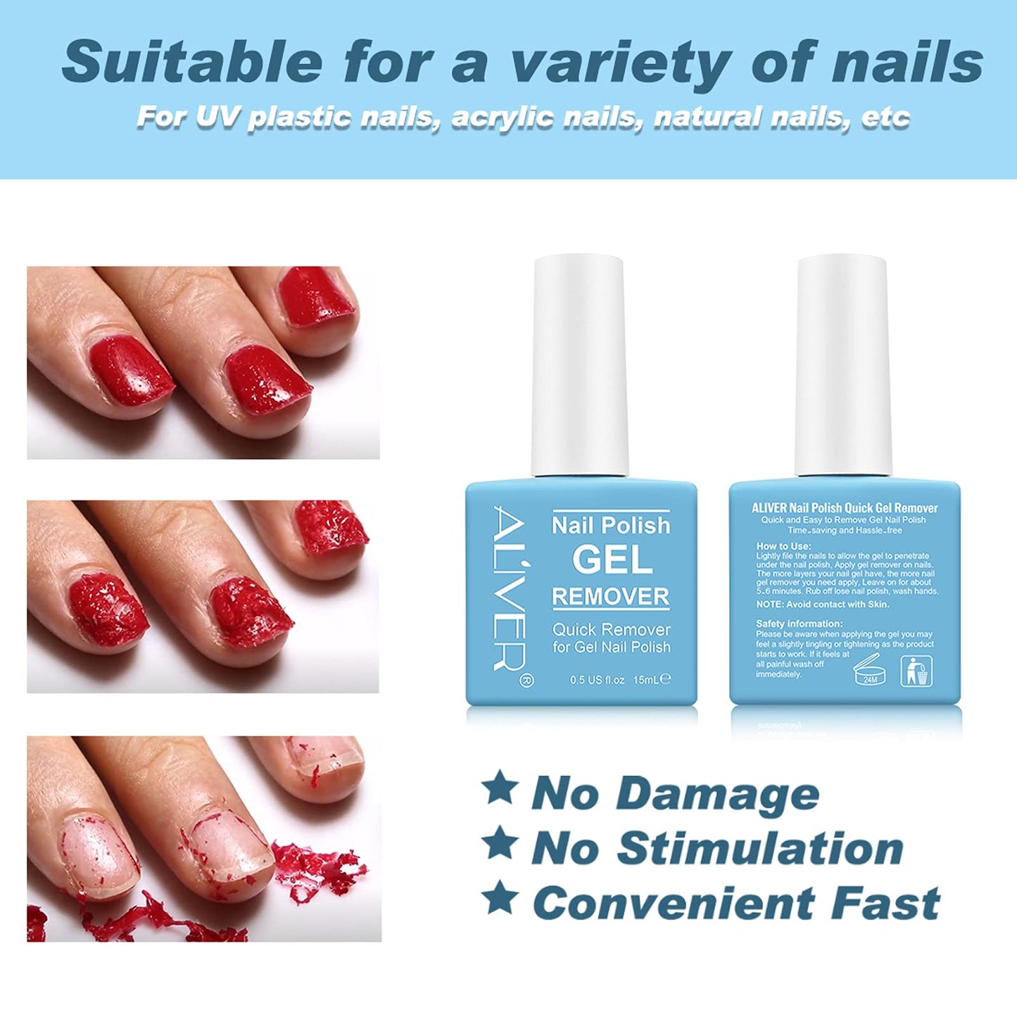 Gel Nail Polish Remover - (2 Pack) Professional Easily & Quickly Remove Gel Nail Polish Soak-Off Gel Polish - Peel Off In 3-6 Minutes - 15ml