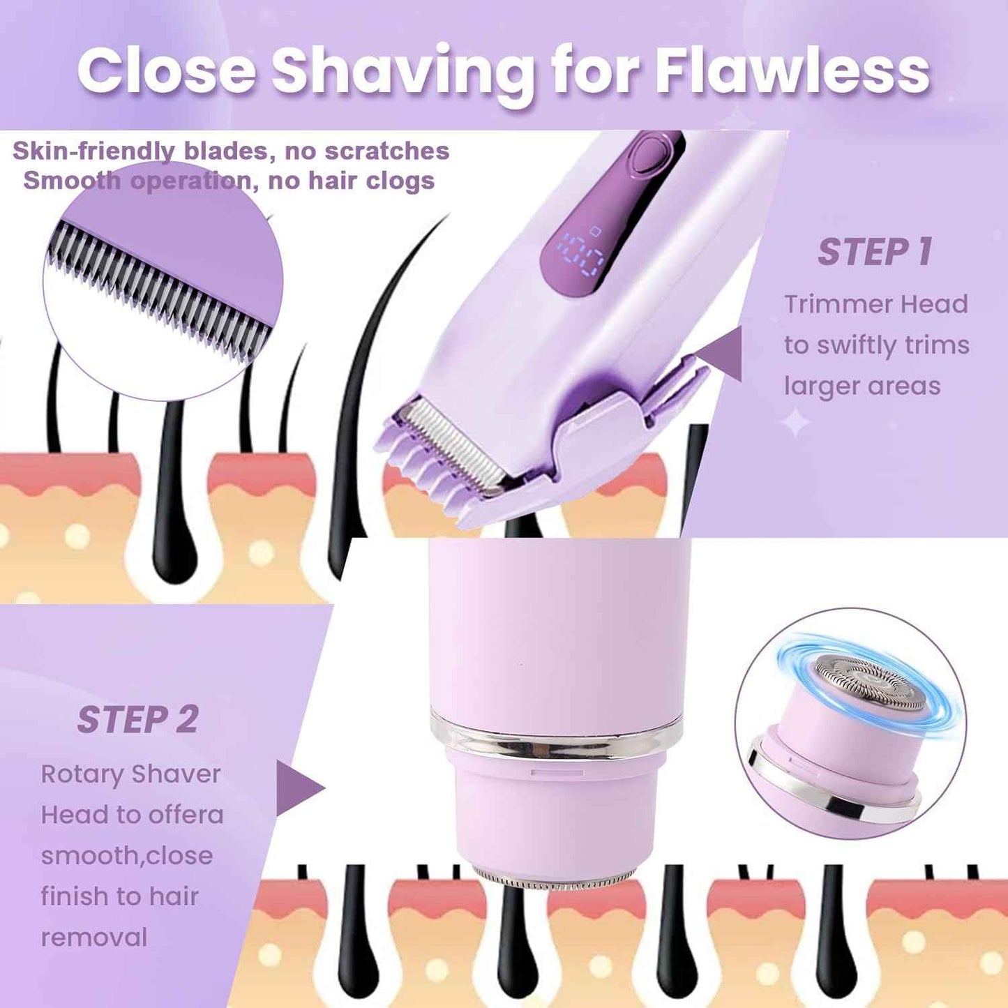 Bikini Trimmer Electric Razors for Women, Rechargeable Pubic Body Hair Trimmer 2-in-1 Electric Shaver for Legs Body Hair, Bikini Shaver (Purple)