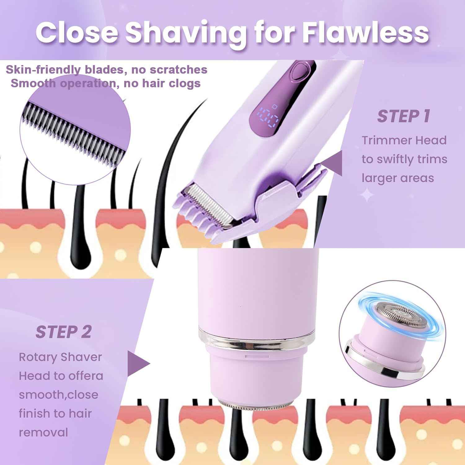 Bikini Trimmer Electric Razors for Women, Rechargeable Pubic Body Hair Trimmer 2-in-1 Electric Shaver for Legs Body Hair, Bikini Shaver (Purple)