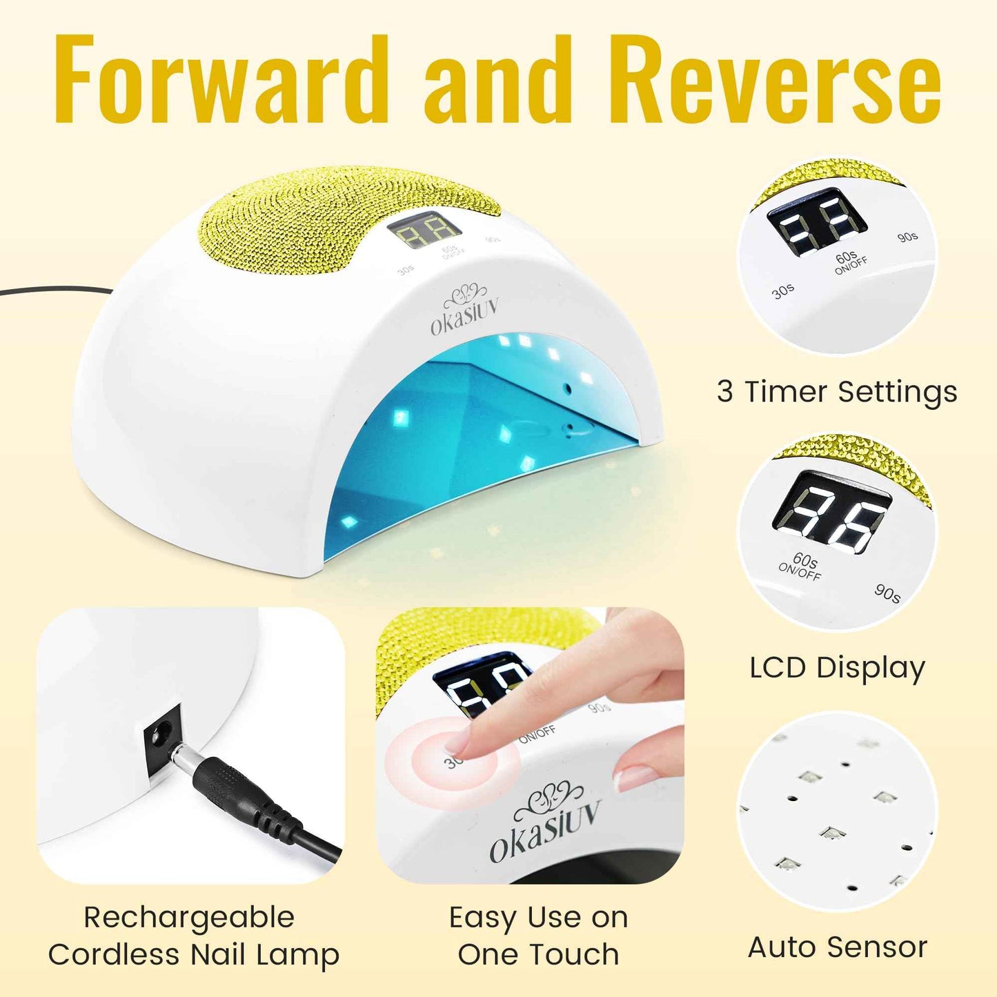 Okasiuv Rechargeable UV LED Nail Lamp with Diamond Design & Touch Control - 3 Timer Settings, Fast Curing for All Gel Polishes, Portable UV Nail Dryer for Professional Salon & Home