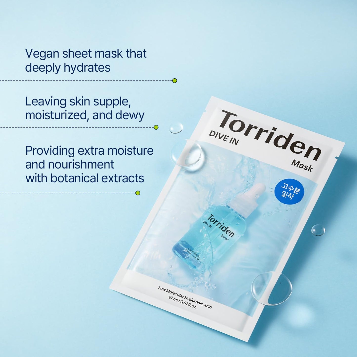 Torriden DIVE IN Hyaluronic Acid Facial Mask (10 sheets) | Extra Moisturizing Care | Hyaluronic Acid, Panthenol, Allantoin | Korean Face Mask