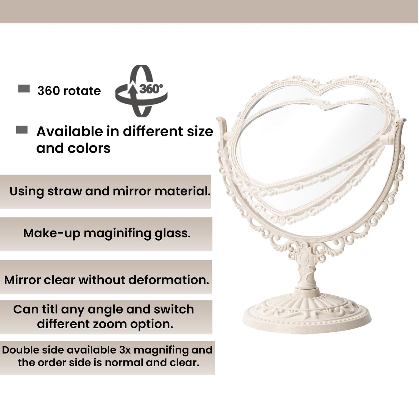 XPXKJ 7 Inch Vintage Heart Mirror - Elegant Desk Makeup Mirror with Double Sided 360 Degree Rotation Vanity Mirror for Coquette Room Decor (Beige 1pcs)