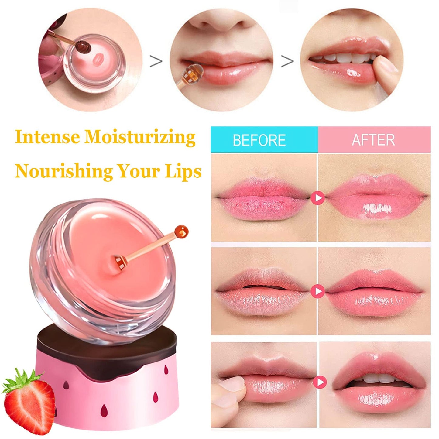 Bee Lip Balm Honey Pot, Strawberry & Honey Moisturizing Propolis Lip Mask, Hydrating & Prevention Dry and Cracked Lip Scrubs Exfoliator, Reduces Lip Lines (2Pcs Pink + 2Pcs Yellow)