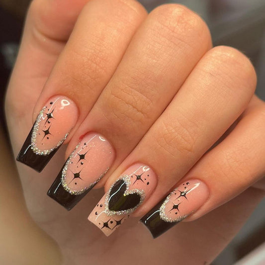 24 Pcs Press on Nails Medium Coffin Valentine?™s Day Fake Nails with Heart Stars Designs Glossy Black French Tip Glue on Nails Full Cover Glitter Acrylic Nails Cute Valentine Nails for Women and Girls